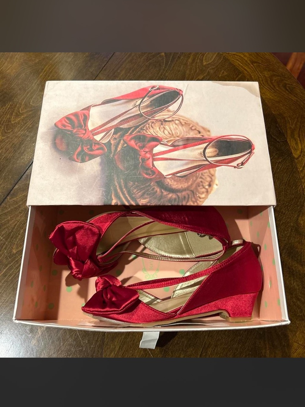 Red Satin Bow Low Wedge Sandals with Ankle Strap